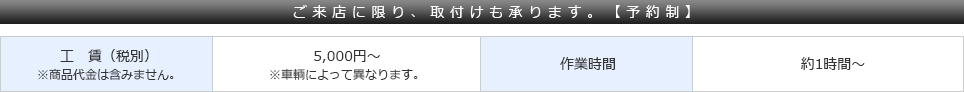 取付け工賃は税抜き5000円からです。作業時間は約60分からです。